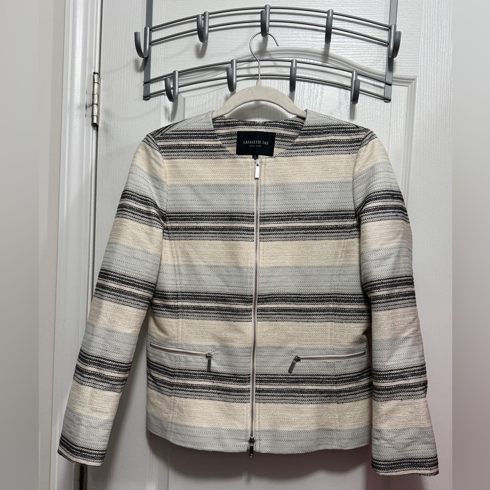 Lafayette 148 New York Women Raffia Multi Striped Blazer Jacket S Trophy Wife